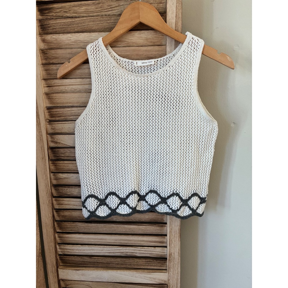 Mango MNG Organic Cotton White Crochet Knit Tank Top Grey Scalloped Hem XXS